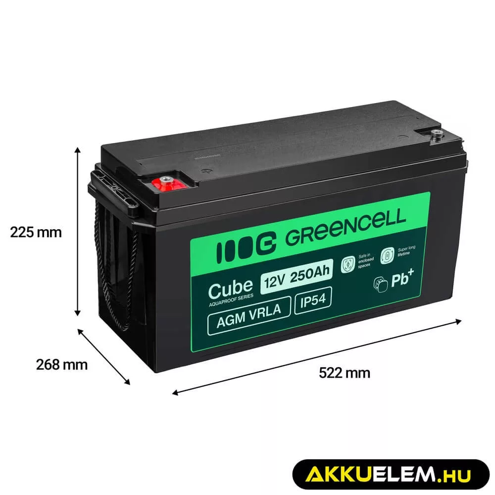 GreenCell Cube AGM VRLA IP54 12V 250Ah akkumulátor napelemes rendszerekhez hajókhoz