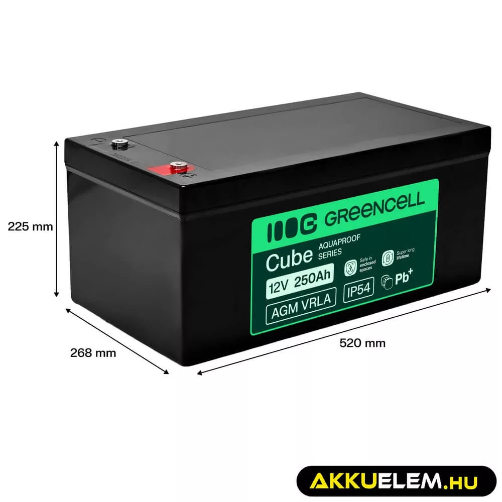 GreenCell AGM VRLA 12V 250Ah akkumulátor hajókhoz napelemes rendszerekhez (520x268x225mm)
