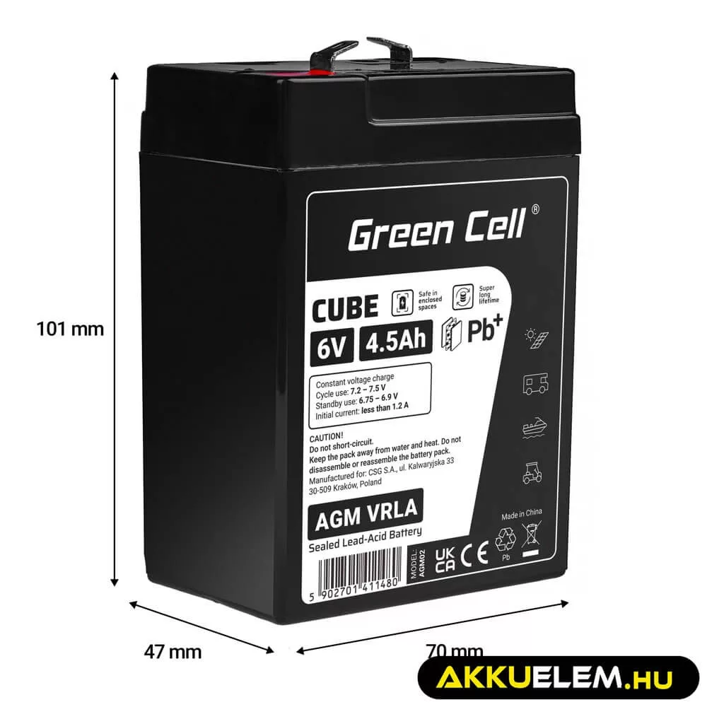 GreenCell CUBE AGM IP54 6V 4Ah VRLA akkumulátor Gel Deep Cycle robogókhoz fűnyírókhoz hajókhoz