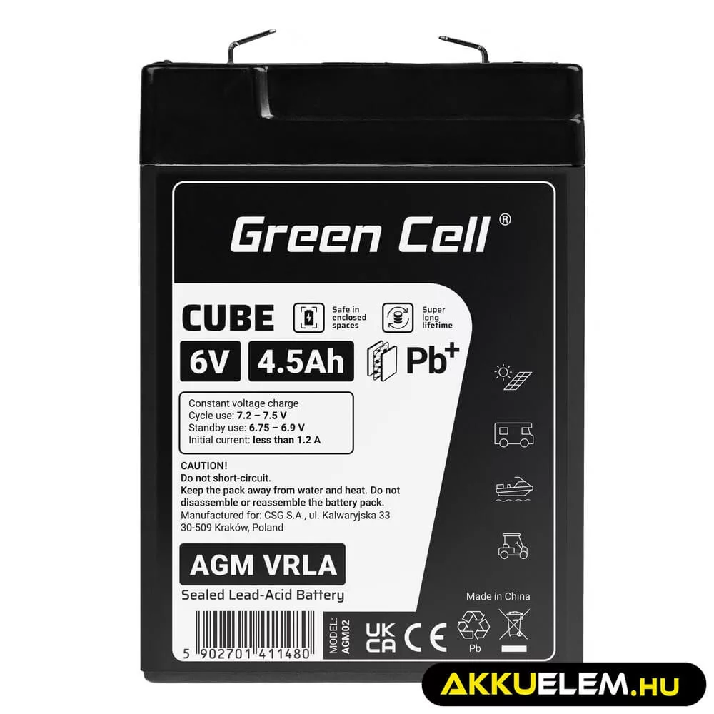 GreenCell CUBE AGM IP54 6V 4Ah VRLA akkumulátor Gel Deep Cycle robogókhoz fűnyírókhoz hajókhoz