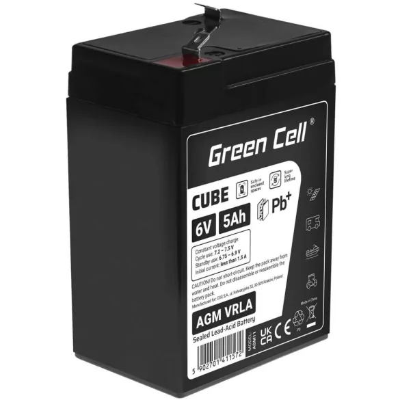 GreenCell CUBE AGM IP54 6V 5Ah VRLA akkumulátor Gel Deep Cycle - GreenCell