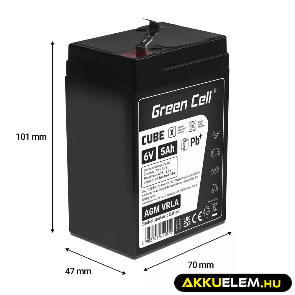 GreenCell CUBE AGM IP54 6V 5Ah VRLA akkumulátor Gel Deep Cycle riasztókhoz