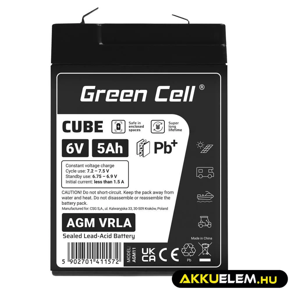 GreenCell CUBE AGM IP54 6V 5Ah VRLA akkumulátor Gel Deep Cycle riasztókhoz