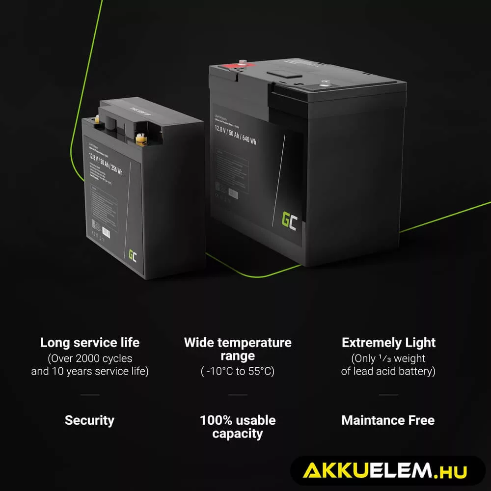 GreenCell LiFePO4 akkumulátor 12V 12.8V 50Ah napelemes rendszerekhez lakóautókhoz hajókhoz