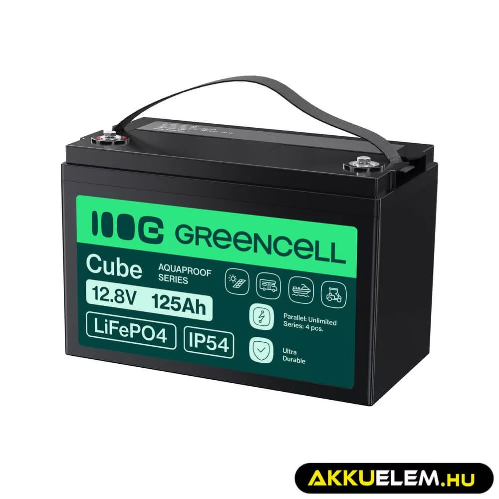 GreenCell CUBE LiFePO4 125Ah 12.8V 1600Wh Lítium-Vas-Foszfát akkumulátor lakóautókhoz napelemes rendszerekhez hajókhoz
