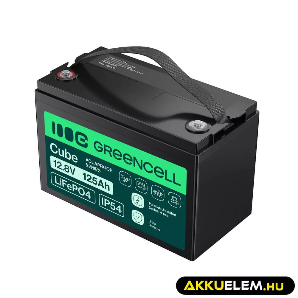 GreenCell CUBE LiFePO4 125Ah 12.8V 1600Wh Lítium-Vas-Foszfát akkumulátor lakóautókhoz napelemes rendszerekhez hajókhoz