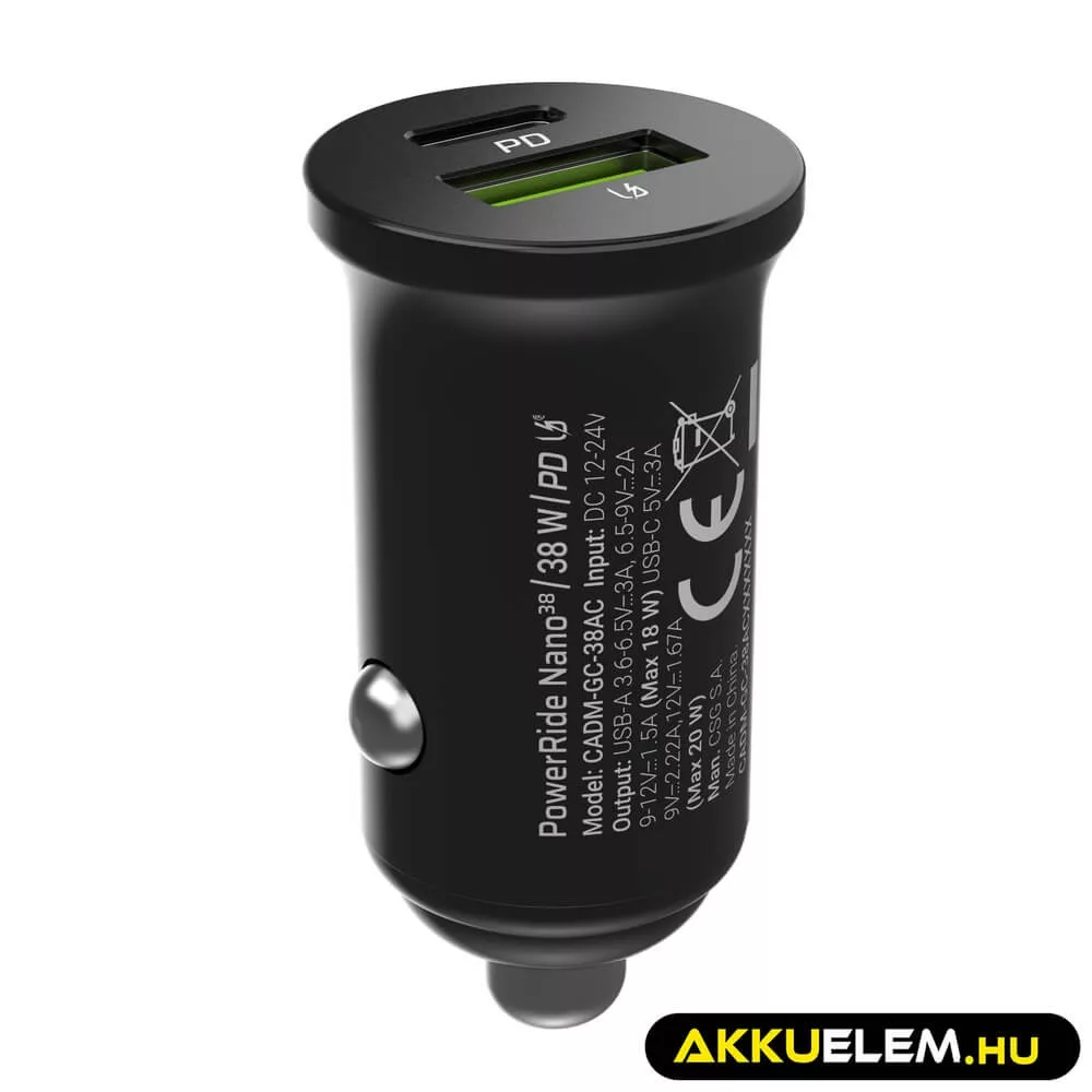Greencell autós töltő 38W PowerRide Nano38 mit USB-C USB-A Power Delivery Ultra Charge
