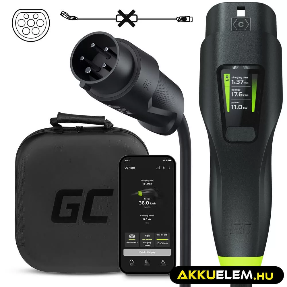 Greencell Habu EV Mobile töltő 11 kW 7 m Type 2 CEE 16 A elektromos autókhoz EV PHEV 2in1 Wallbox App