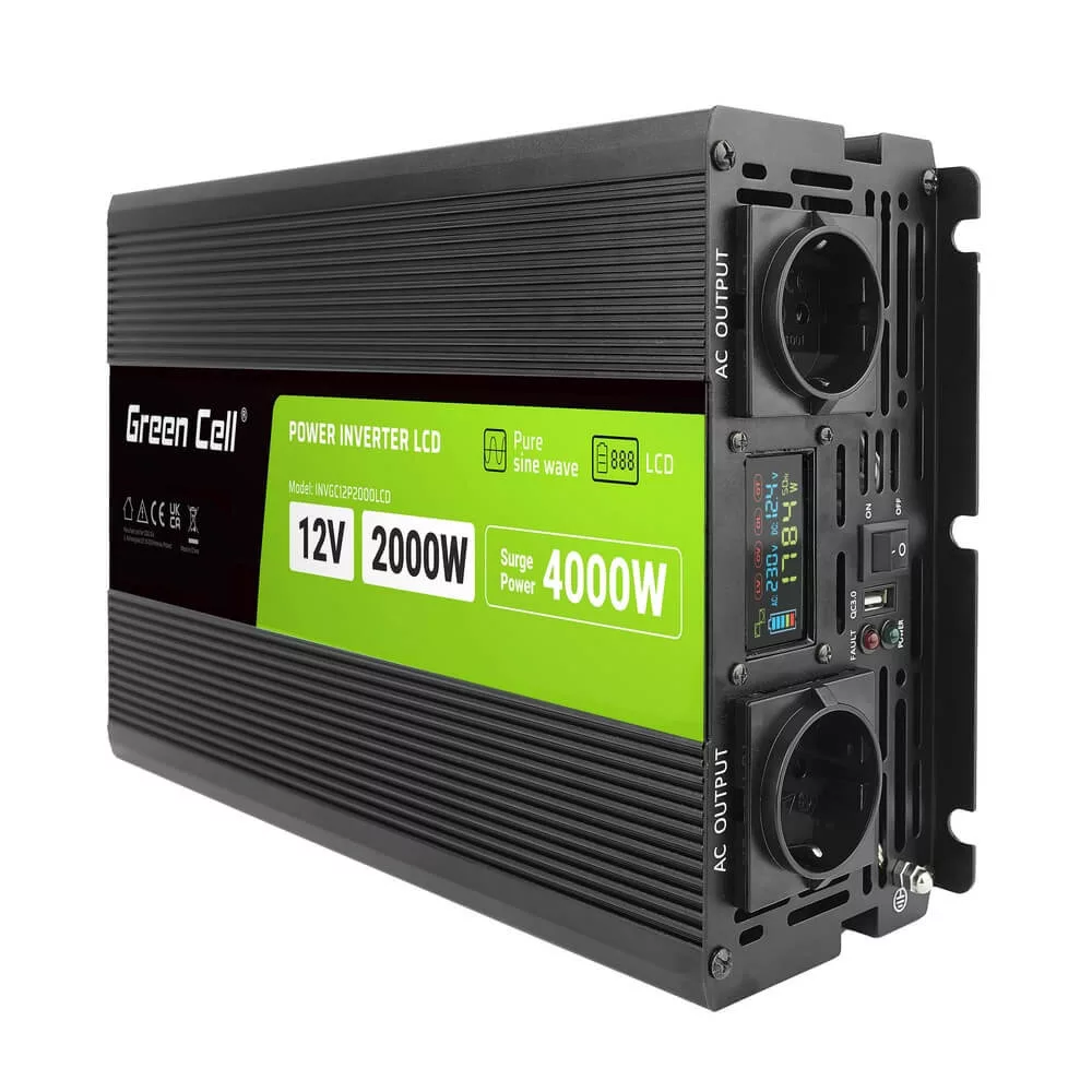   GreenCell Inverter LCD 12 volt 2000W/40000W autós inverter kijelző Tiszta szinuszhullámú