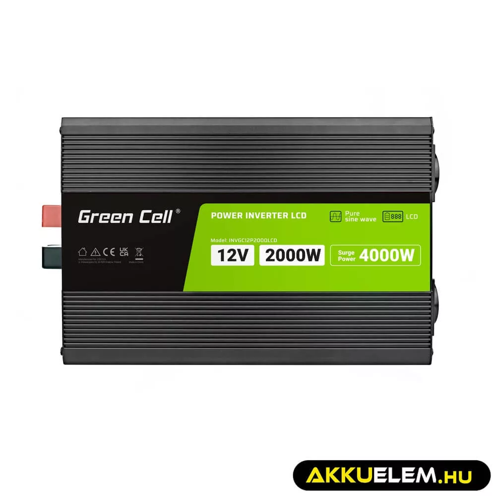 GreenCell Inverter LCD 12 volt 2000W/40000W autós inverter kijelző Tiszta szinuszhullámú