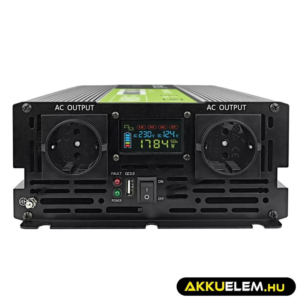 GreenCell Inverter LCD 12 volt 2000W/40000W autós inverter kijelző Tiszta szinuszhullámú