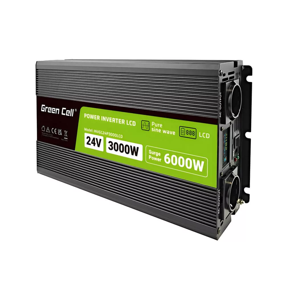   GreenCell Inverter LCD 24 V 3000W/60000W vehicle inverter kijelző Tiszta szinuszhullámú