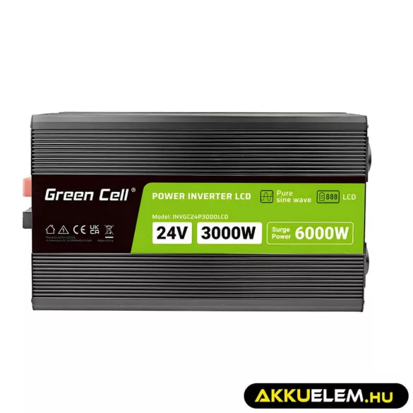 GreenCell Inverter LCD 24 V 3000W/60000W vehicle inverter kijelző Tiszta szinuszhullámú - GreenCell