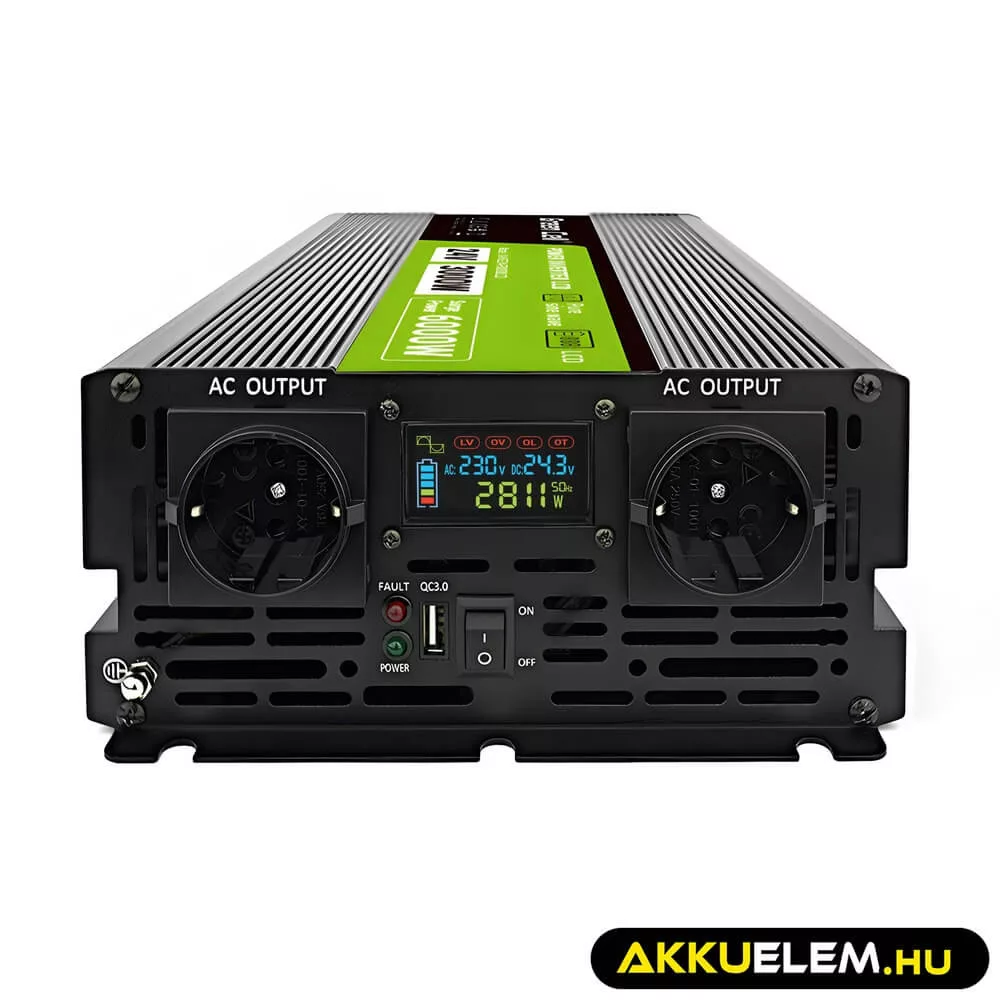 GreenCell Inverter LCD 24 V 3000W/60000W vehicle inverter kijelző Tiszta szinuszhullámú