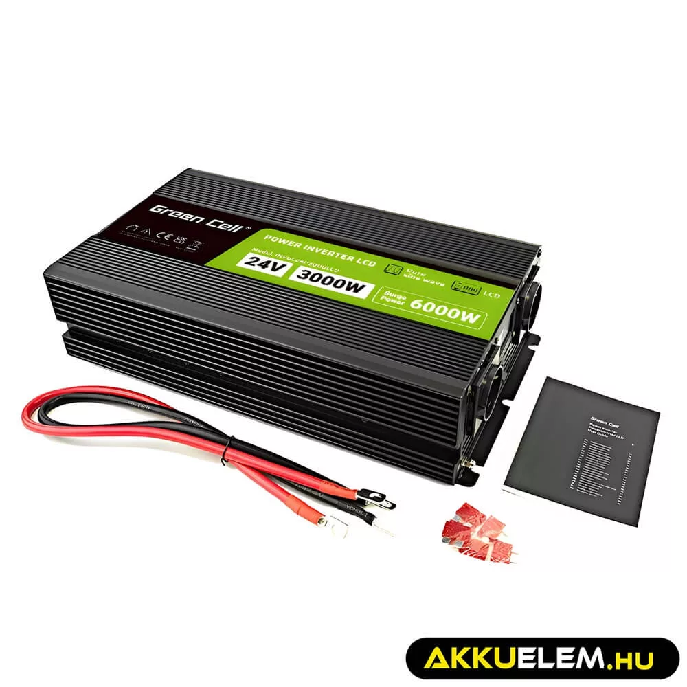 GreenCell Inverter LCD 24 V 3000W/60000W vehicle inverter kijelző Tiszta szinuszhullámú