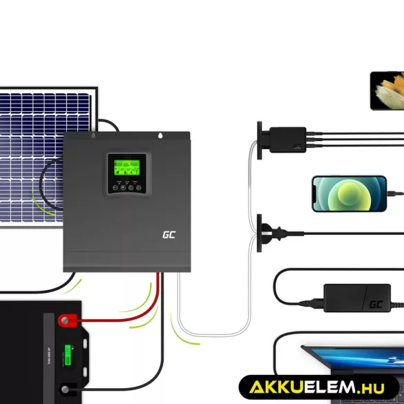 GreenCell Solar Inverter Off-Grid Inverter MPPT Solar töltő 24VDC 230VAC 2000VA/2000W Tiszta szinuszhullámú - GreenCell