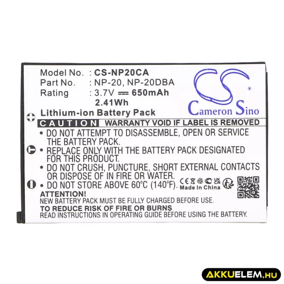 Utángyártott Casio Kamera Li-ion akkumulátor 3.7V 650mAh NP-20, NP-20DBA NP-20, NP-20DBA - CameronSino
