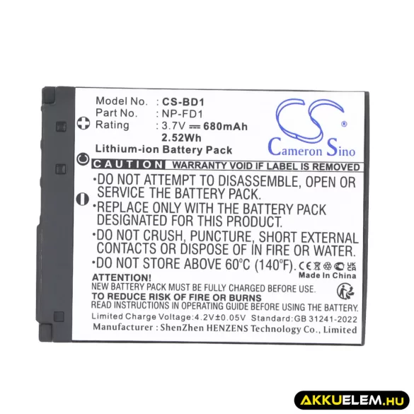 Utángyártott Sony Kamera Li-ion akkumulátor 3.7V 680mAh NP-FD1, NP-BD1 NP-FD1, NP-BD1 - CameronSino