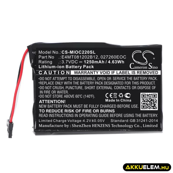 Utángyártott Mitac GPS Li-ion akkumulátor 3.7V 1250mAh E4MT081202B12, 027260EOC E4MT081202B12, 027260EOC - CameronSino