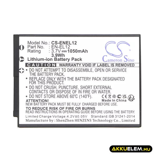Utángyártott NiKon Kamera Li-ion akkumulátor 3.7V 1050mAh EN-EL12 EN-EL12 - CameronSino