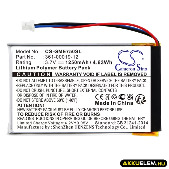 Utángyártott Garmin GPS Li-Polymer akkumulátor 3.7V 1250mAh 361-00019-12 361-00019-12 - CameronSino