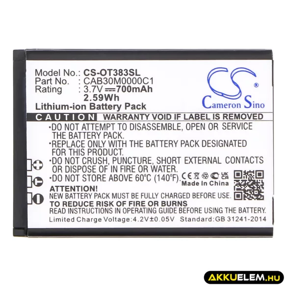 Utángyártott Alcatel mobil Li-ion akkumulátor 3.7V 600mAh CAB3010010C1, CAB30B4000C1 - CameronSino
