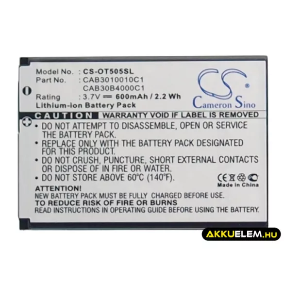 Utángyártott Alcatel mobil Li-ion akkumulátor 3.7V 600mAh CAB3010010C1, CAB30B4000C1 - CameronSino
