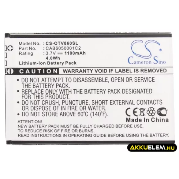 Utángyártott Alcatel mobil Li-ion akkumulátor 3.7V 1100mAh CAB6050001C2, CAB6050000C1 - CameronSino
