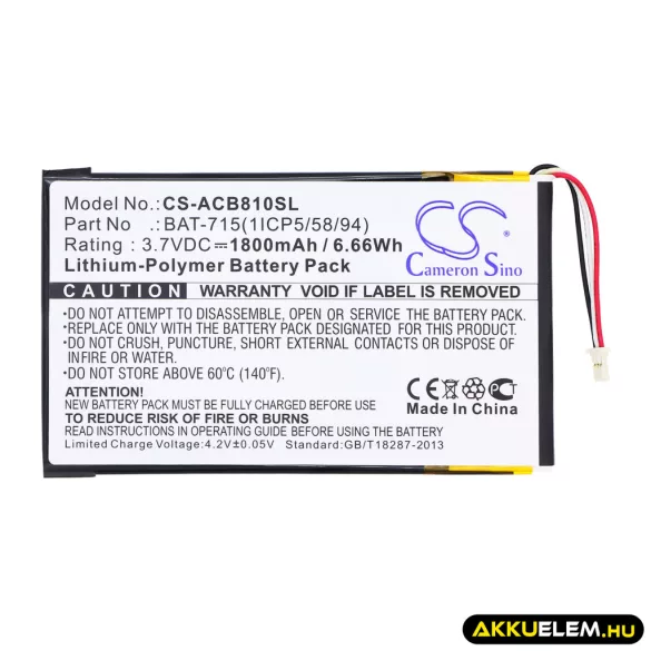 Utángyártott Acer Tablet Li-Polymer akkumulátor 3.7V 1800mAh BAT-715(1ICP5/58/94), KT.0010G.002D - CameronSino