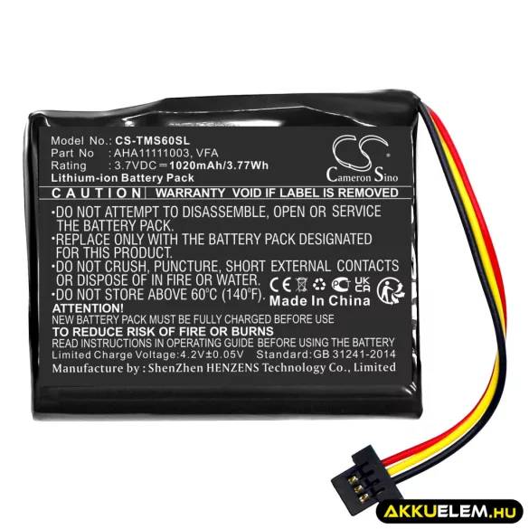 Utángyártott TomTom GPS Li-ion akkumulátor 3.7V 1020mAh VFA, AHA11111003 - CameronSino