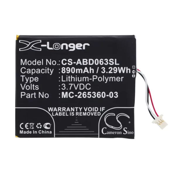 Utángyártott Amazon E-könyv Li-Polymer akkumulátor 3.7V 890mAh MC-265360-03, 58-000083 - CameronSino