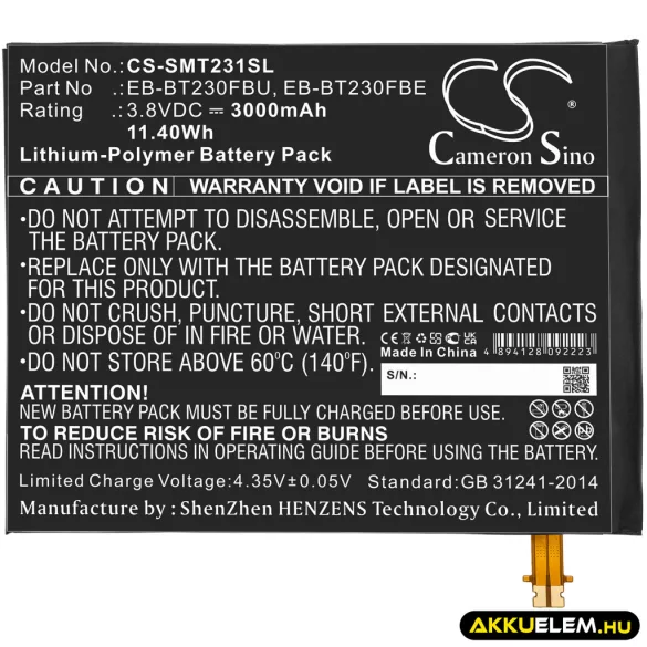 Utángyártott Samsung Tablet Li-Polymer akkumulátor 3.8V 3000mAh EB-BT230FBU, EB-BT230FBE - CameronSino