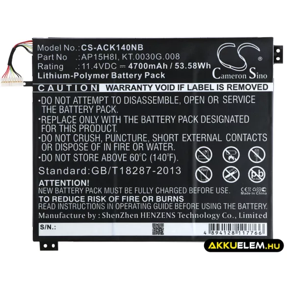Utángyártott Acer laptop Li-Polymer akkumulátor 11.4V 4700mAh AP15H8I, KT.0030G.008 - CameronSino