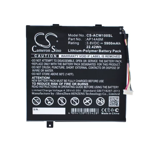 Utángyártott Acer Tablet Li-Polymer akkumulátor 3.8V 5900mAh AP14A8M, KT.0020G.004 - CameronSino