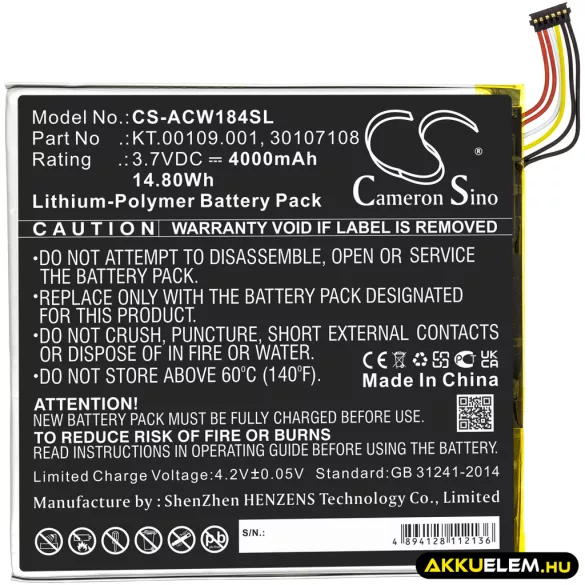 Utángyártott Acer Tablet Li-Polymer akkumulátor 3.7V 4000mAh KT.00109.001, 30107108 - CameronSino
