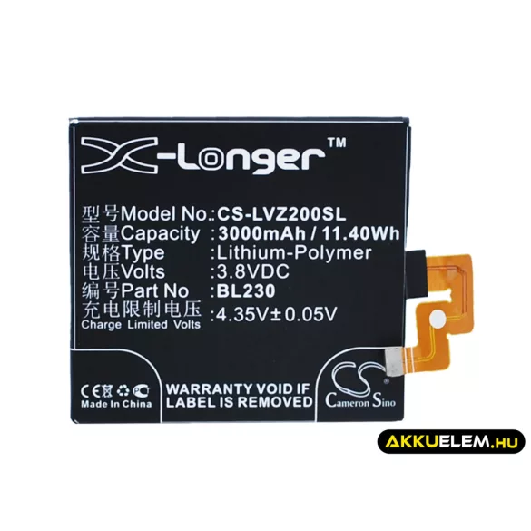 Utángyártott Lenovo mobil Li-Polymer akkumulátor 3.8V 3000mAh BL230 - CameronSino