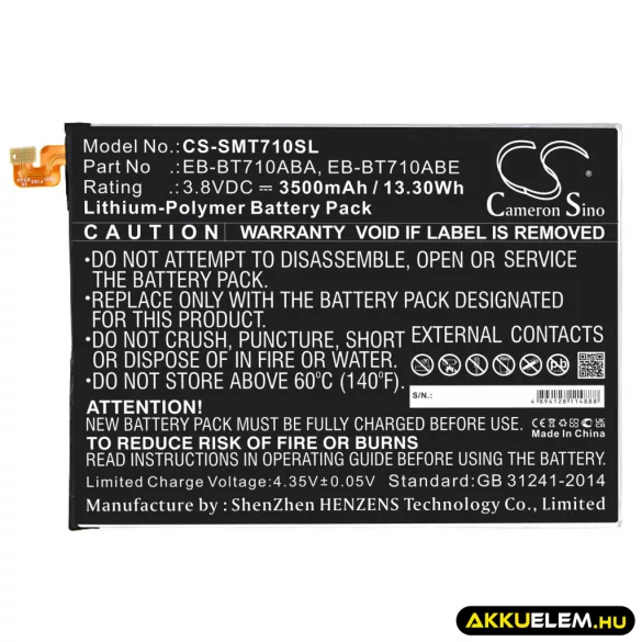 Utángyártott Samsung Tablet Li-Polymer akkumulátor 3.8V 3500mAh EB-BT710ABA, EB-BT710ABE - CameronSino