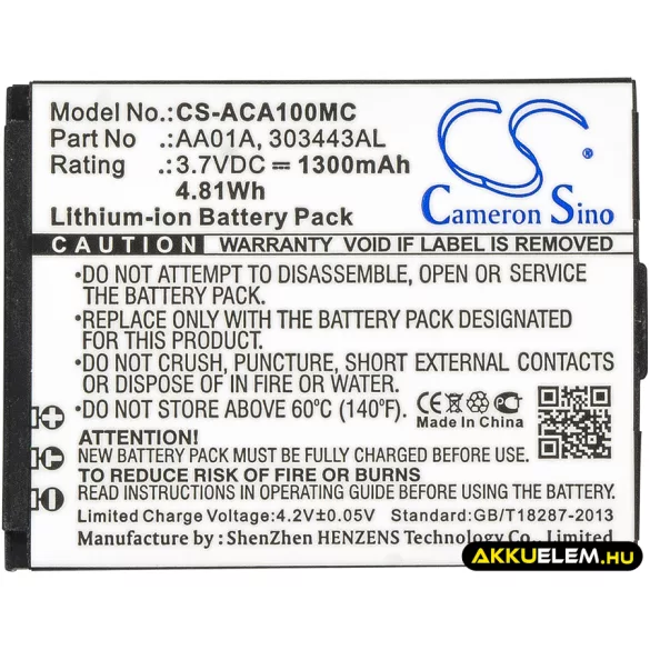 Utángyártott ACTIVEON Kamera Li-ion akkumulátor 3.7V 1300mAh AA01A, 303443AL - CameronSino