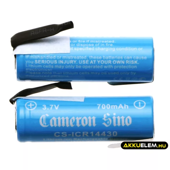 Utángyártott 14430 Li-ion akkumulátor 3.7V 650mAh 2 darabos csomag forrasztófülekkel - CameronSino