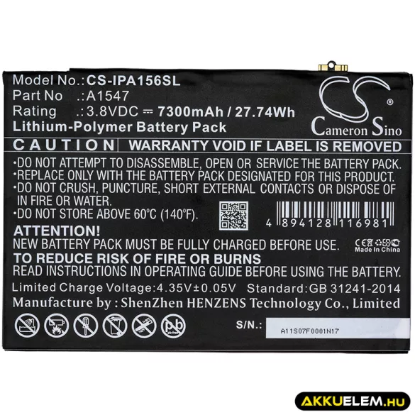 Utángyártott Apple Tablet Li-Polymer akkumulátor 3.8V 7300mAh A1547 - CameronSino