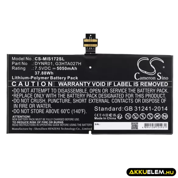 Utángyártott Microsoft Tablet Li-Polymer akkumulátor 7.5V 5050mAh DYNR01, G3HTA027H - CameronSino