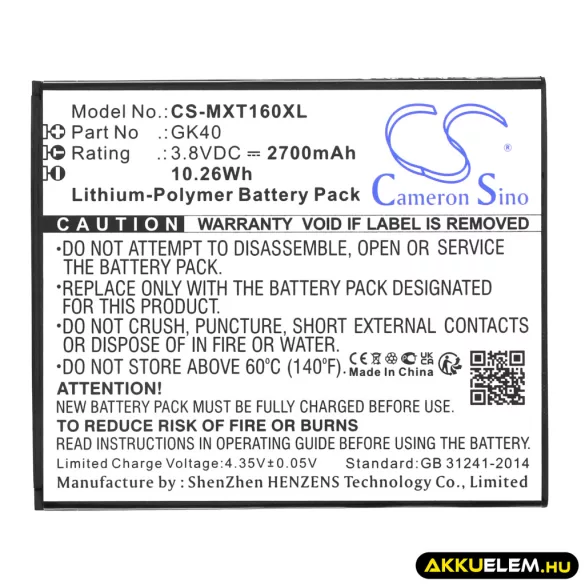 Utángyártott Motorola mobil Li-Polymer akkumulátor 3.8V 2700mAh GK40, SNN5967A - CameronSino