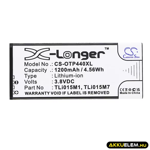 Utángyártott Alcatel mobil Li-ion akkumulátor 3.8V 1200mAh TLi015M1, TLi015M7 - CameronSino