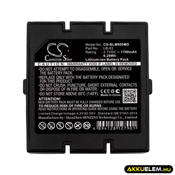 Utángyártott Bolate Orvosi Li-ion akkumulátor 3.7V 1700mAh 12-100-0002, LB-03 - CameronSino