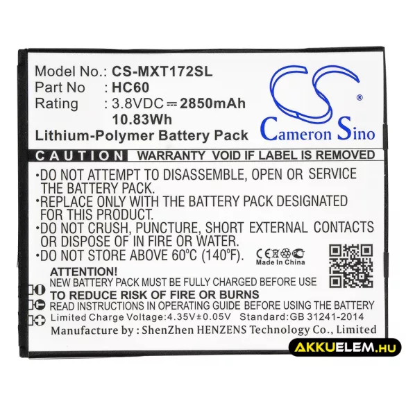 Utángyártott Motorola mobil Li-Polymer akkumulátor 3.8V 2850mAh HC60 - CameronSino