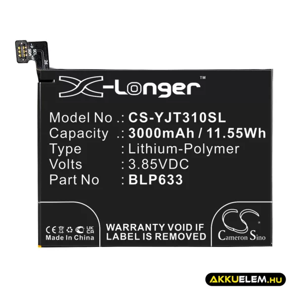 Utángyártott OnePlus mobil Li-Polymer akkumulátor 3.85V 3000mAh BLP633 - CameronSino