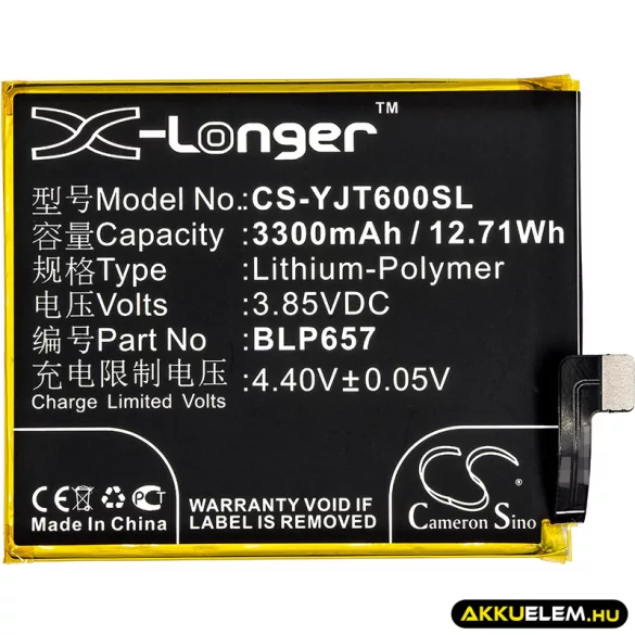 Utángyártott OnePlus mobil Li-Polymer akkumulátor 3.85V 3300mAh BLP657 - CameronSino