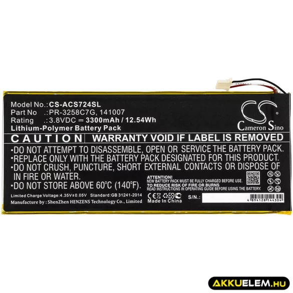 Utángyártott Acer Tablet Li-Polymer akkumulátor 3.8V 3300mAh 141007, KT.0010N.001 - CameronSino