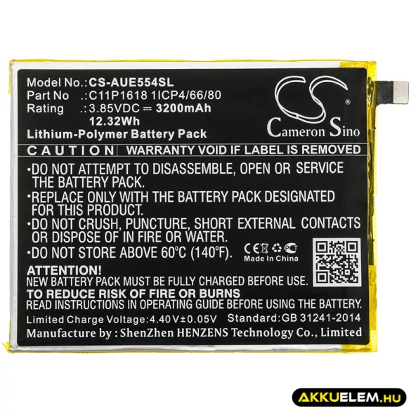 Utángyártott Asus mobil Li-Polymer akkumulátor 3.85V 3200mAh C11P1618 1ICP4/66/80 - CameronSino