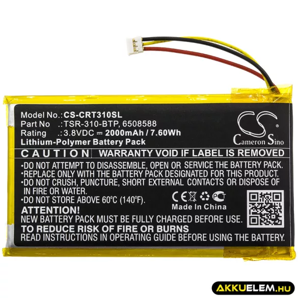 Utángyártott Crestron Távirányító Li-Polymer akkumulátor 3.8V 2000mAh TSR-310-BTP, 6508588 - CameronSino